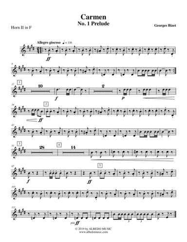 Carmen, No. 1 Prelude - Horn in F 2 (Transposed Part) (arr. Doug Clyde)
