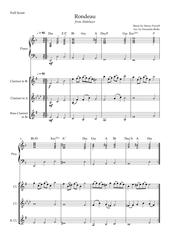 Rondeau (from Abdelazer) for Clarinet Trio and Piano Accompaniment with Chords (arr. Fernando Britto)