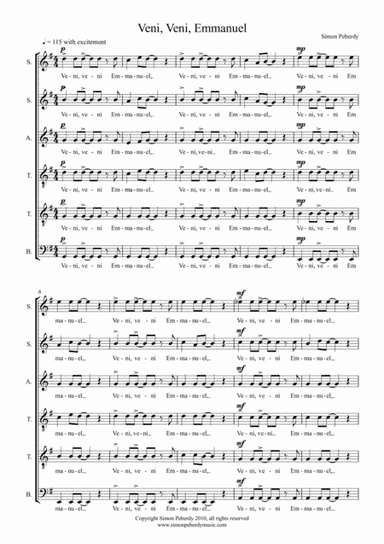 Veni, veni, Emmanuel. Advent/Christmas carol for SSATTB, by Simon Peberdy