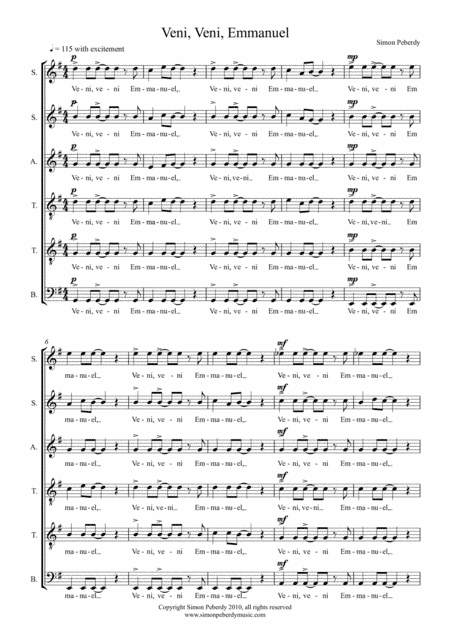 Veni, veni, Emmanuel. Advent/Christmas carol for SSATTB, by Simon Peberdy