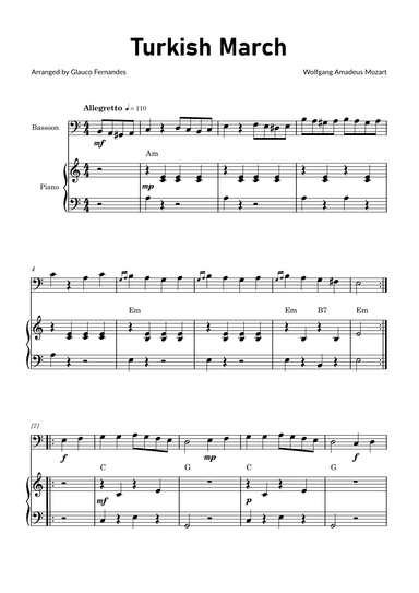 Turkish March by Mozart - Bassoon and Piano with Chord Notations (arr. Glauco Fernandes)