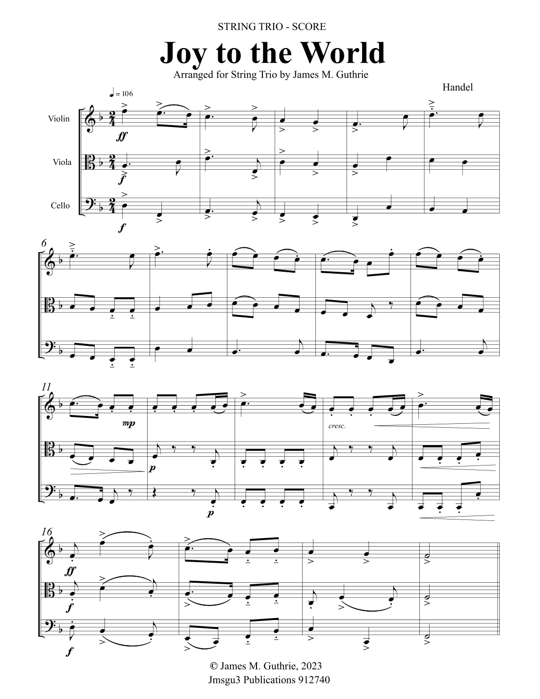 Joy to the World for String Trio (arr. James M. Guthrie)