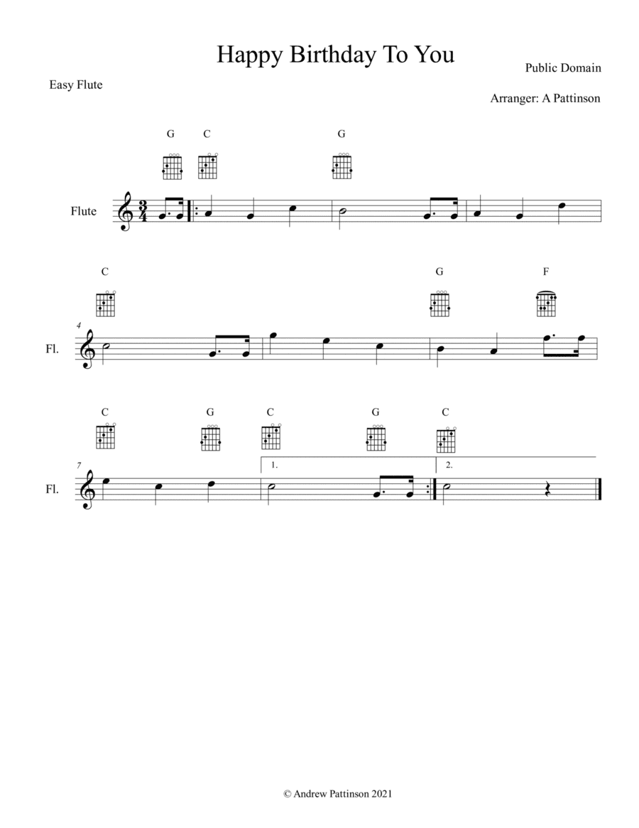 Happy Birthday To You for  Easy Flute (arr. Andrew Pattinson)