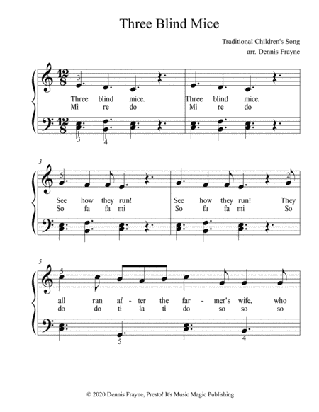 Three Blind Mice (standard notation) (arr. Presto! It's Music Magic Publishing)