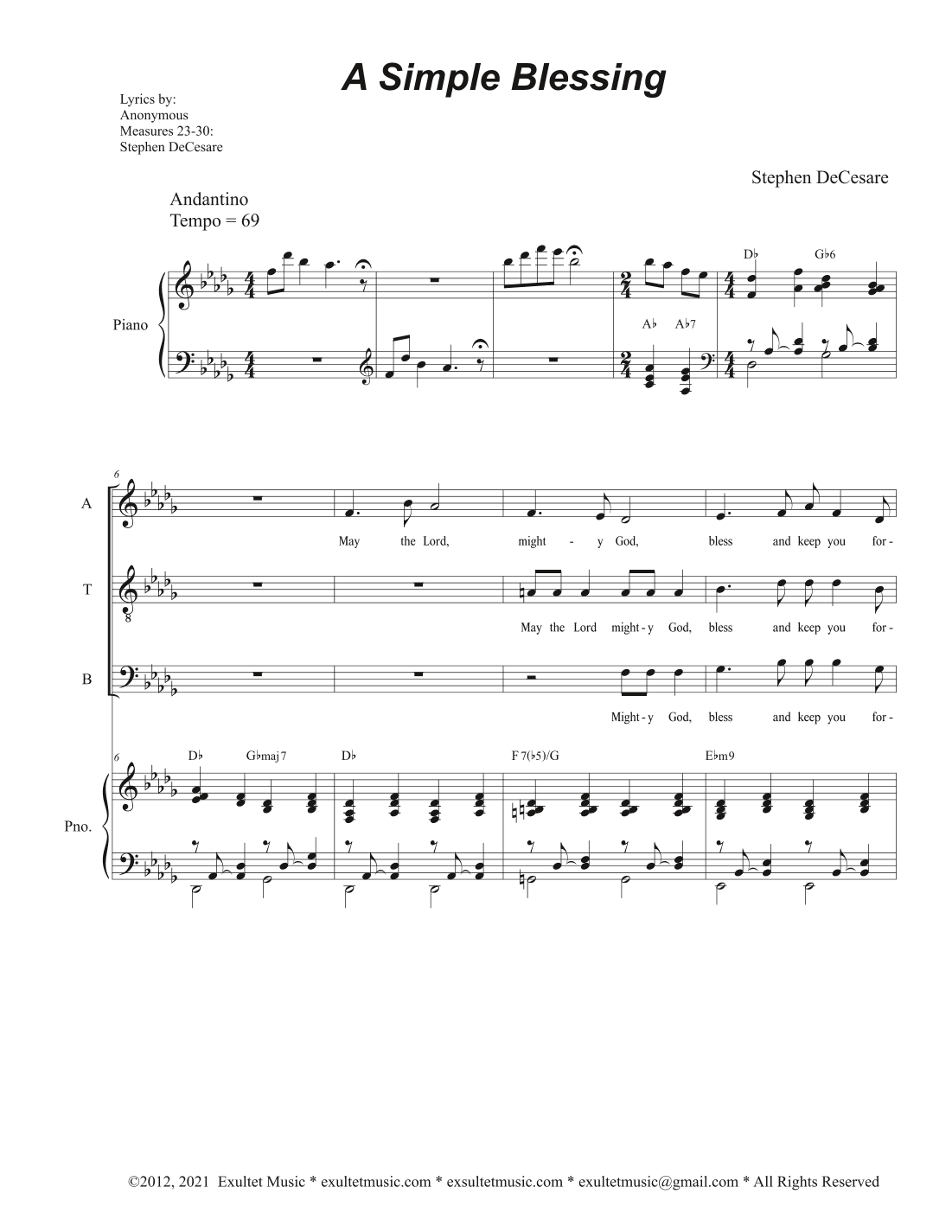 A Simple Blessing (Vocal Quartet - (SATB)