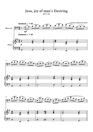 Jesu, Joy of Man's Desiring for Bassoon and Piano (Not Chords) - Score and Parts (arr. Cássio Silva Chaves)