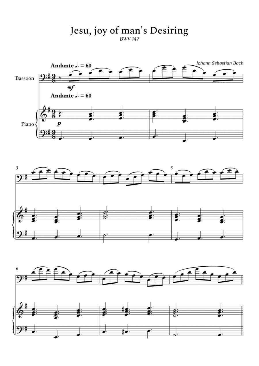 Jesu, Joy of Man's Desiring for Bassoon and Piano (Not Chords) - Score and Parts (arr. Cássio Silva Chaves)