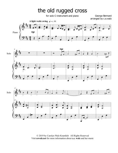 The Old Rugged Cross for C-instrument and piano (arr. c.e. walz)