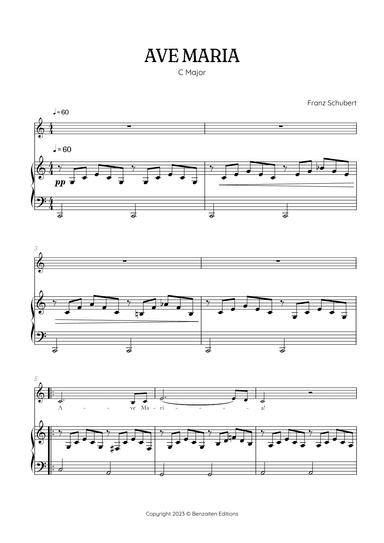 Schubert Ave Maria in C Major • alto voice sheet music with easy piano accompaniment (arr. Benzaiten Editions)