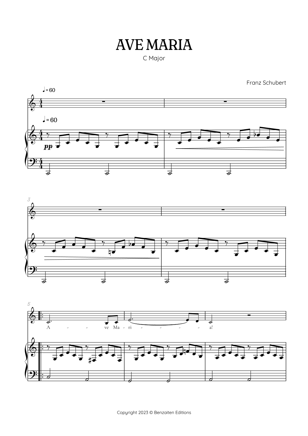 Schubert Ave Maria in C Major • alto voice sheet music with easy piano accompaniment (arr. Benzaiten Editions)