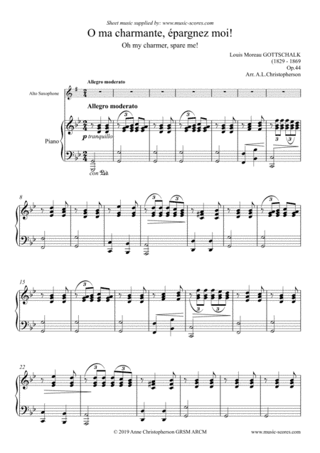 O ma charmante, épargnez moi - Alto Sax and Piano. (arr. Anne L Christopherson GRSM ARCM)