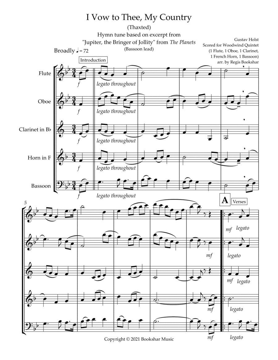 I Vow to Thee, My Country (Thaxted) (Bb) (Woodwind Quintet - 1 Flute, 1 Oboe, 1 Clar, 1 Hrn, 1 Basso (arr. Regis Bookshar)