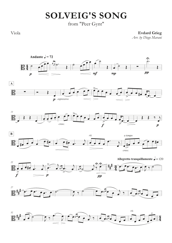 Solveig's Song from "Peer Gynt" for Viola and Piano (arr. Diego Marani)