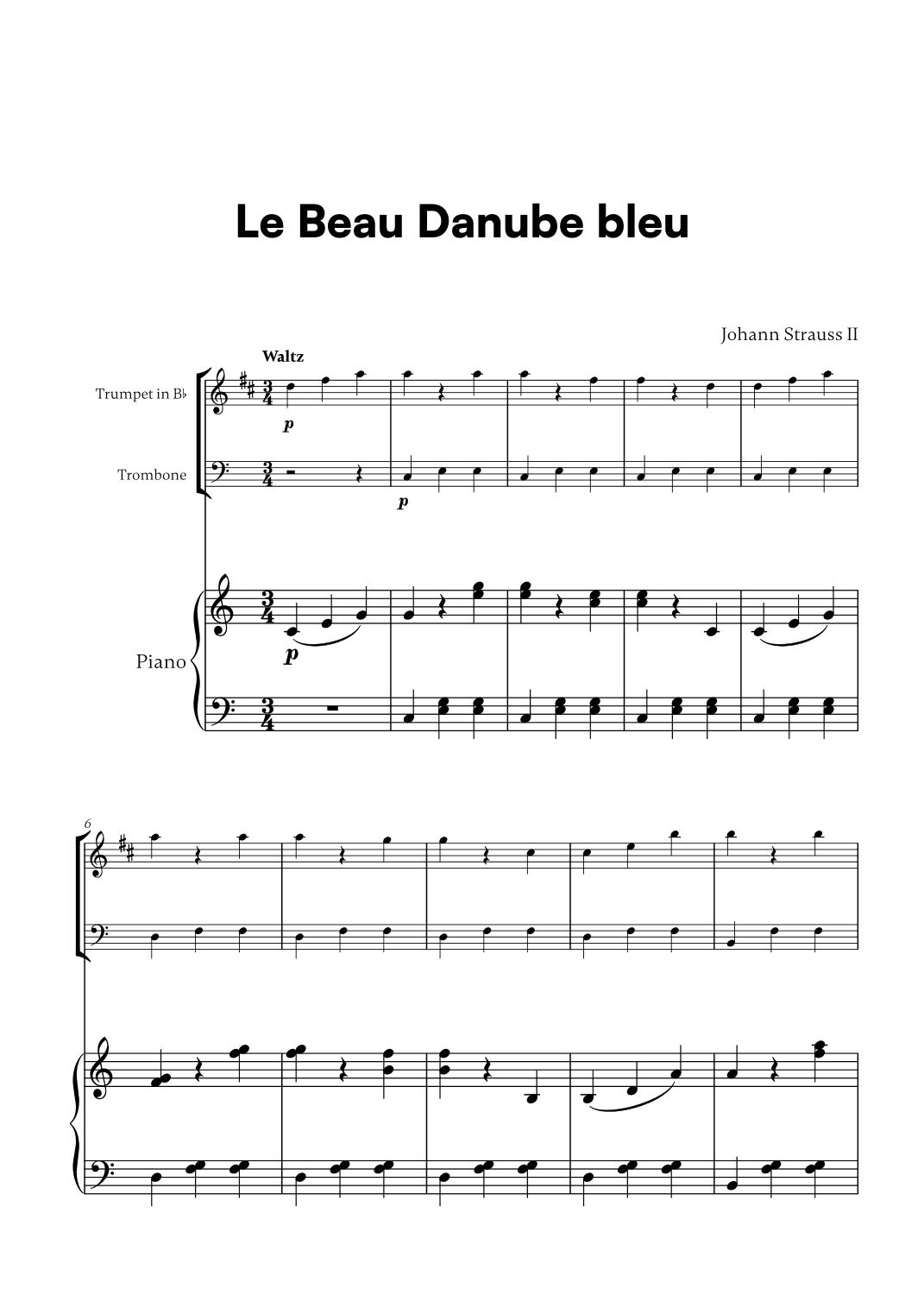 Johann Strauss II - Le Beau Danube bleu for Trumpet in Bb, Trombone and Piano (arr. Cadenza Editions)
