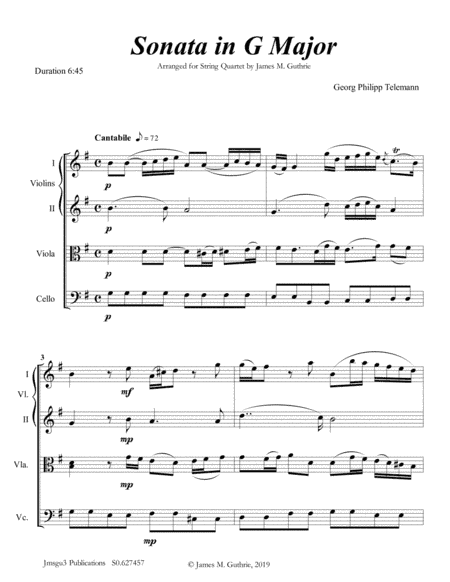 Telemann: Sonata in G Major for String Quartet (arr. James M. Guthrie, ASCAP)