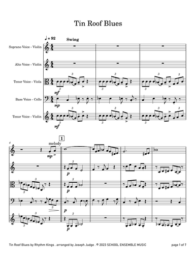 Tin Roof Blues by the Kings for String Quartet in Schools (arr. Joseph Judge)