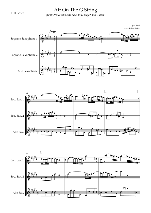 Air On The G String (J.S. Bach) for Saxophone Trio (arr. Fabio Britto)