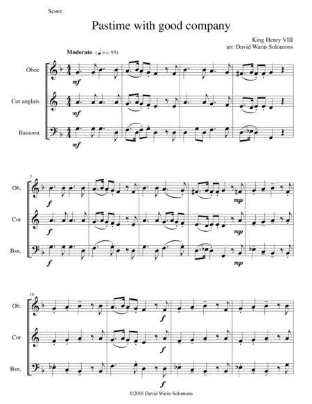 Pastime with good company for double-reed trio (oboe, cor anglais, bassoon) (arr. David Warin Solomons)