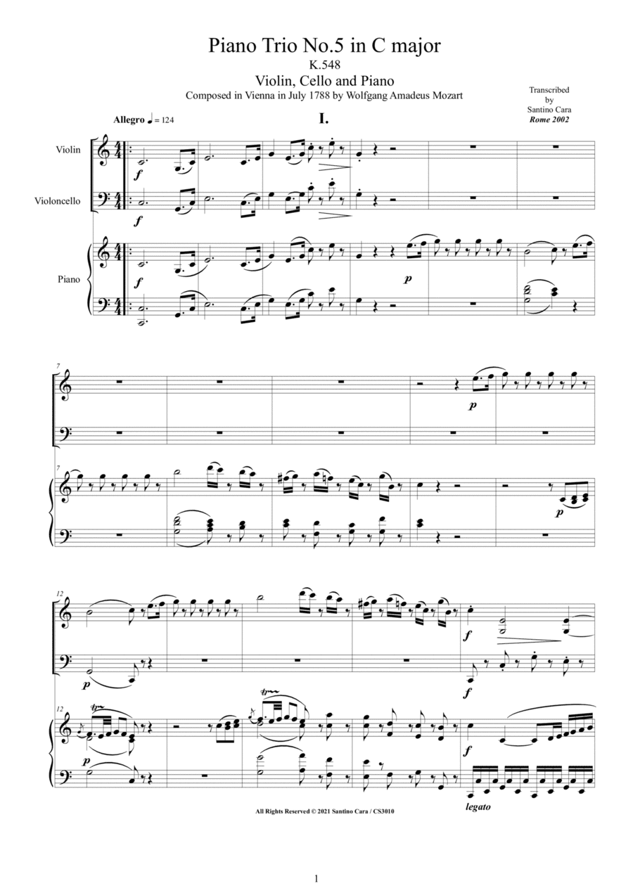 Mozart - Piano Trio No.5 in C major K.548 for Violin, Cello and Piano - Full score and Parts (arr. Santino Cara)