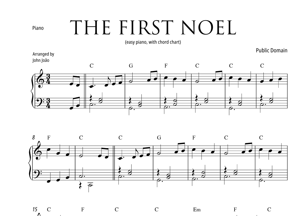 The First Noel (Easy Piano with Chord Chart) (arr. John João)