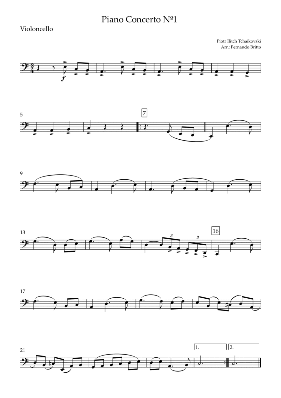 Piano Concerto Nº 1 - 1st Mov. Theme (P. Tchaikovsky) for Cello Solo (C Major) (arr. Fernando Britto)