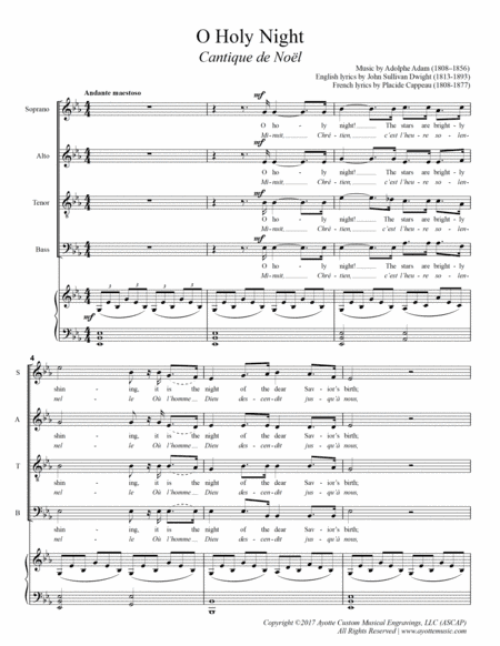 Cantique de Noel / O Holy Night for Mixed SATB Choir with Piano in Eb Major with French and English (arr. Ayotte Custom Musical Engravings)
