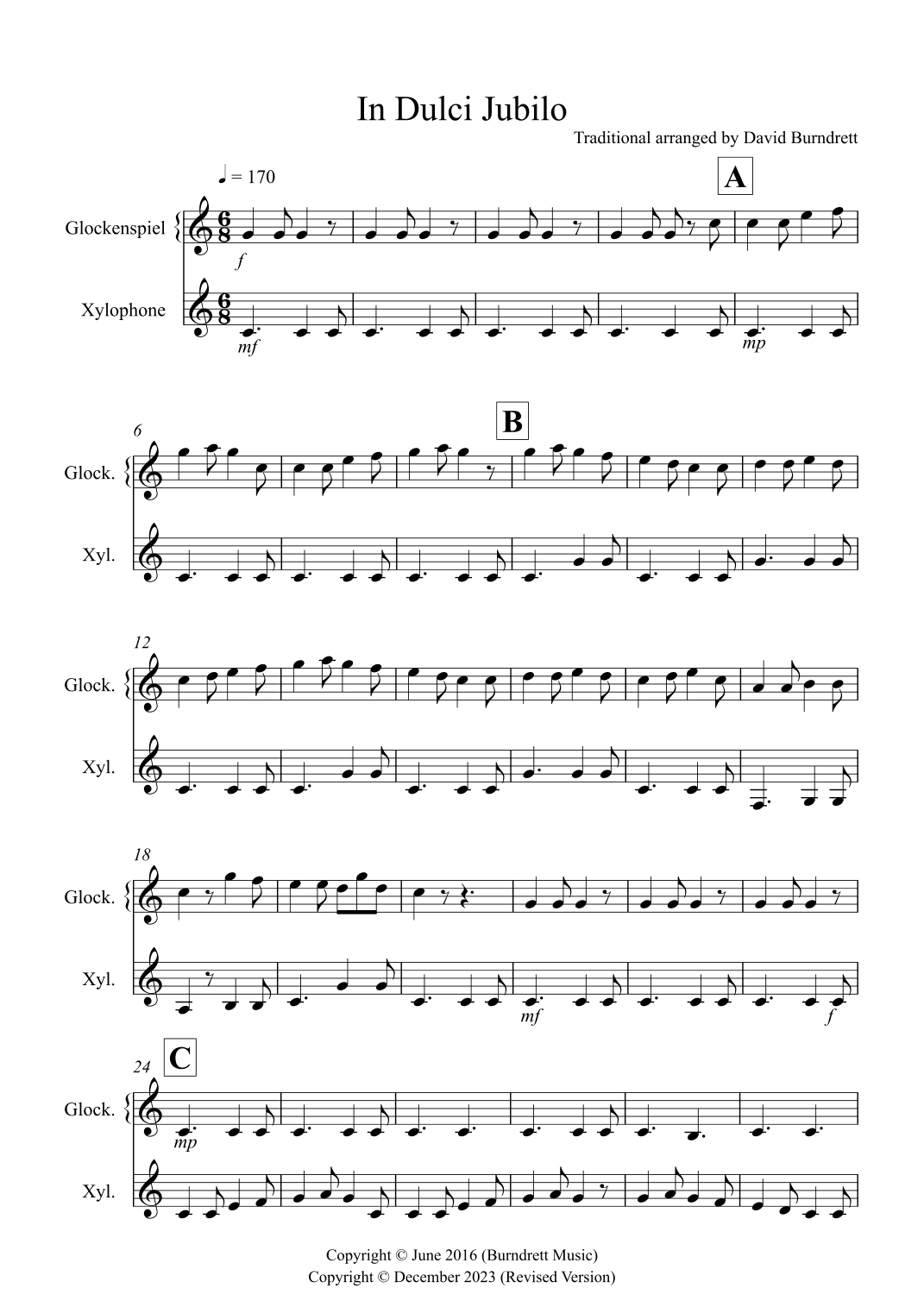 In Dulci Jubilo for Glockenspiel and Xylophone Duet (arr. David Burndrett)