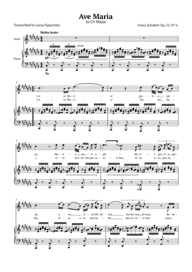 Ave Maria (Schubert) in C# Major for Piano and Voice (Lyrics in Latin) (arr. Lucas Figueiredo)