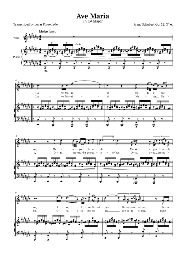 Ave Maria (Schubert) in C# Major for Piano and Voice (Lyrics in Latin) (arr. Lucas Figueiredo)