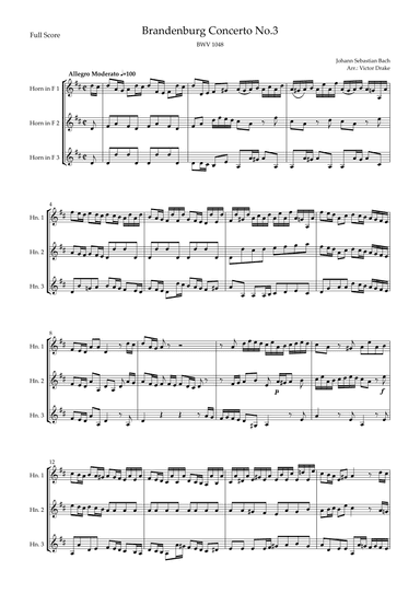 Brandenburg Concerto No. 3 in G major, BWV 1048 1st Mov. (J.S. Bach) for Horn in F Trio (arr. Victor Drake)