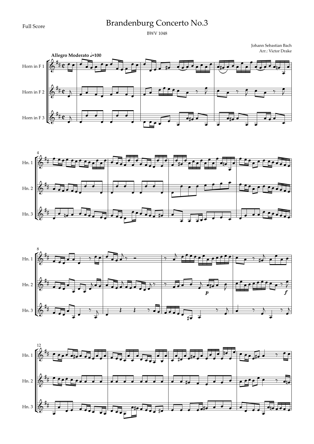 Brandenburg Concerto No. 3 in G major, BWV 1048 1st Mov. (J.S. Bach) for Horn in F Trio (arr. Victor Drake)