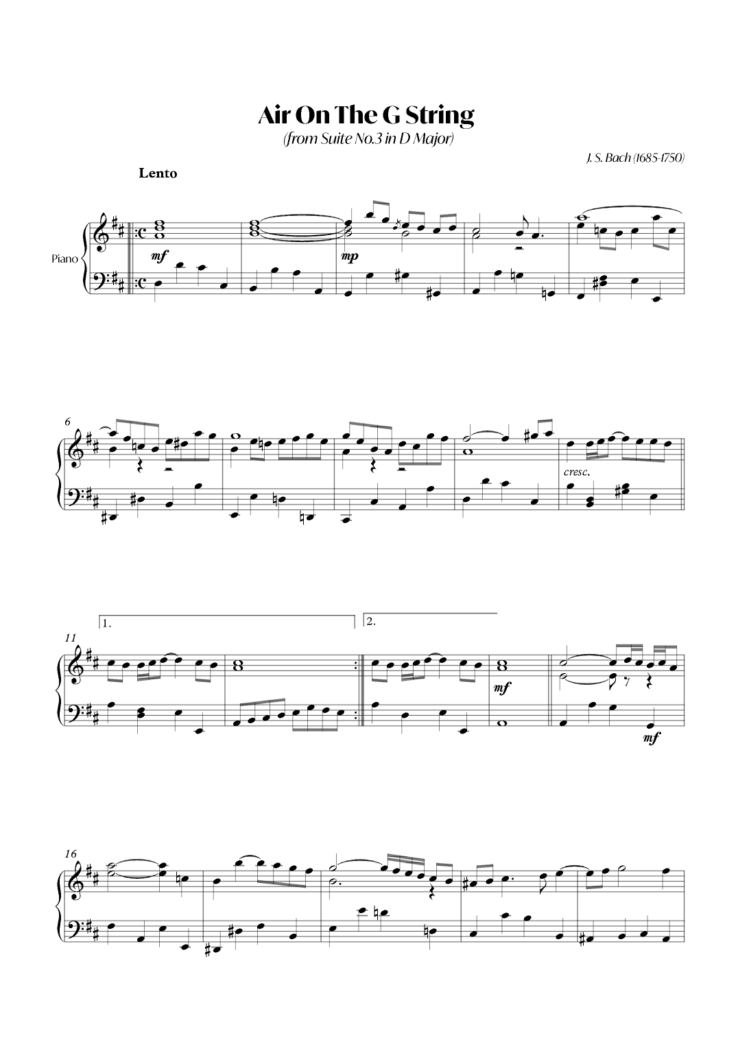 Air On The G String (from Suite No.3 in D Major) (Bach) - Piano (arr. André Alberto Santos)
