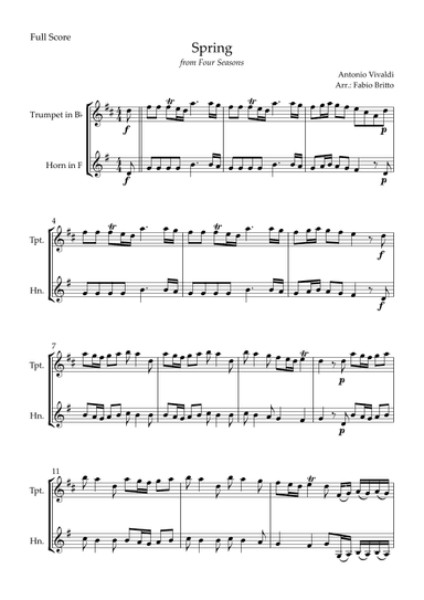Spring (from Four Seasons of Antonio Vivaldi) for Trumpet in Bb & Horn in F Duo (arr. Fabio Britto)