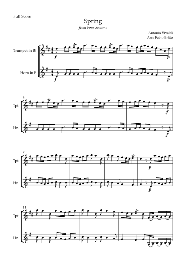 Spring (from Four Seasons of Antonio Vivaldi) for Trumpet in Bb & Horn in F Duo (arr. Fabio Britto)