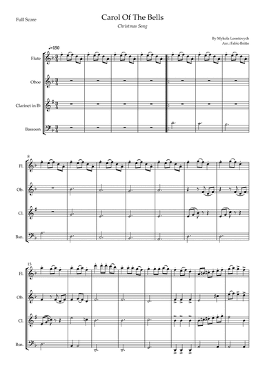 Carol Of The Bells (Christmas Song) for Woodwind Quartet (D Minor) (arr. Fabio Britto)