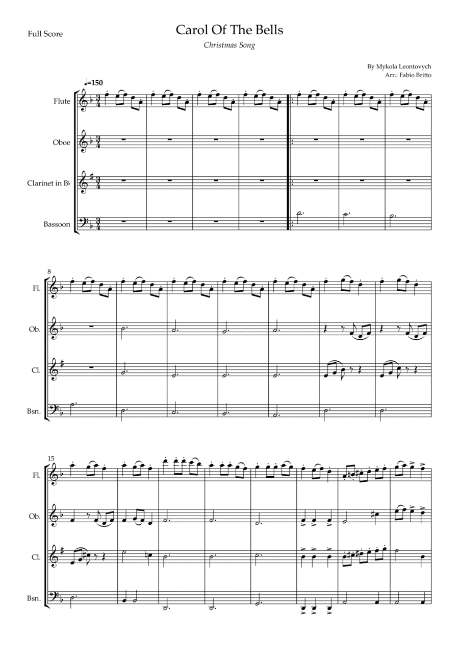 Carol Of The Bells (Christmas Song) for Woodwind Quartet (D Minor) (arr. Fabio Britto)