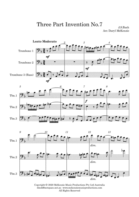 Bach Three Part Invention No.7 for Trombone Trio (arr. Daryl McKenzie)