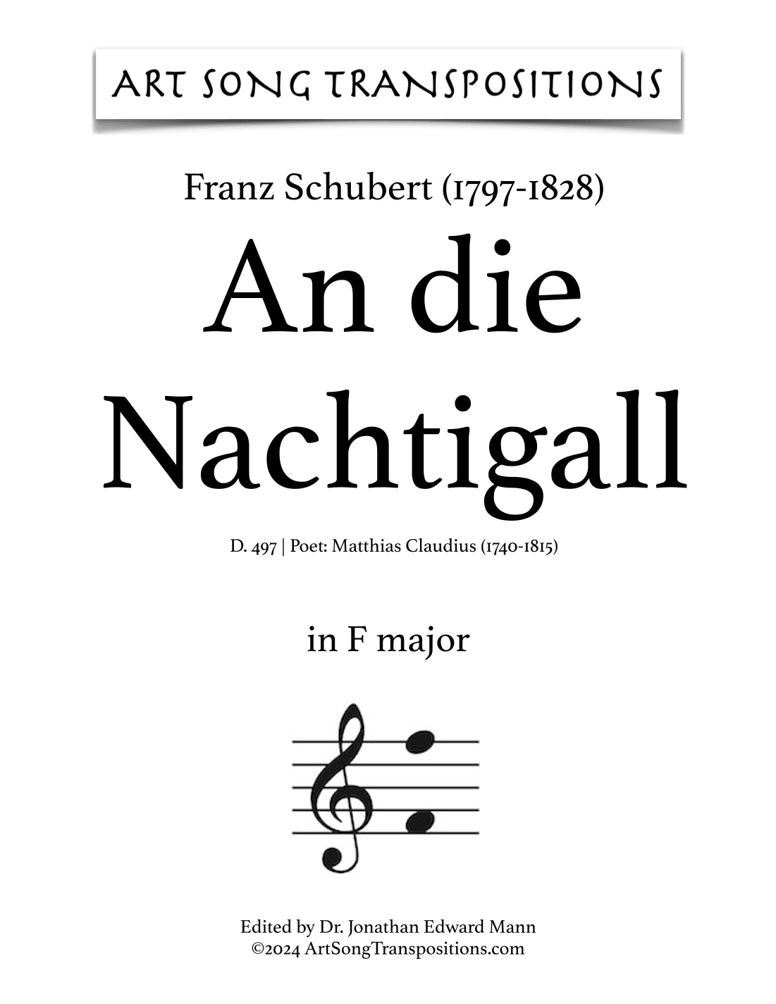SCHUBERT: An die Nachtigall, D. 497 (transposed to F major) (arr. ArtSongTranspositions.com)