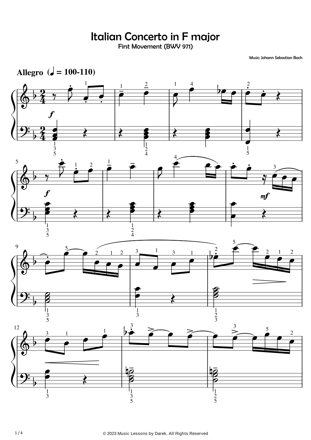 Italian Concerto in F major (EASY PIANO) First Movement (BWV 971) [Johann Sebastian Bach] (arr. Darek)