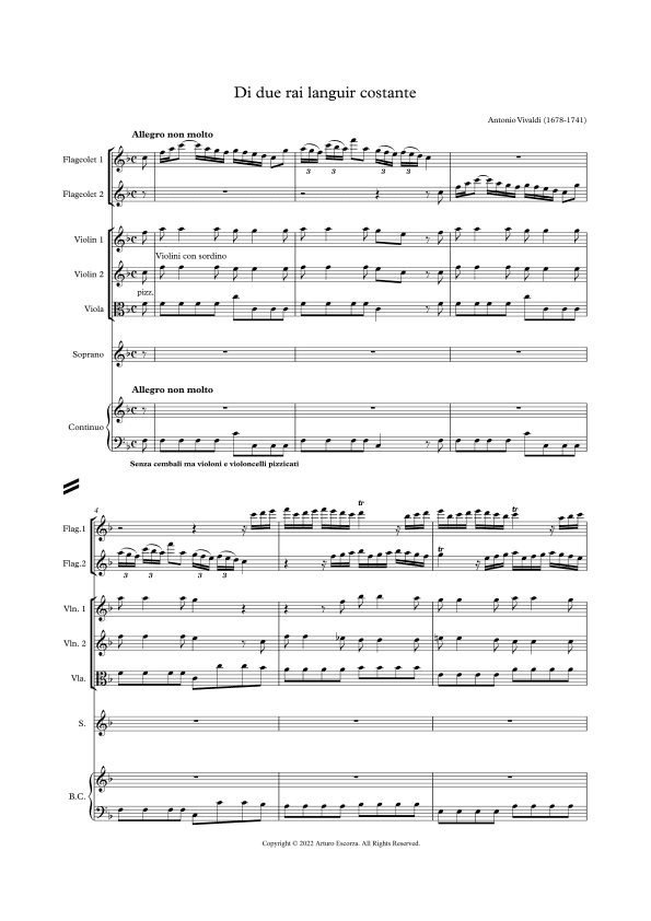 "Di due rai languir costante" - Antonio Vivaldi - Score Only (arr. Arturo Escorza)