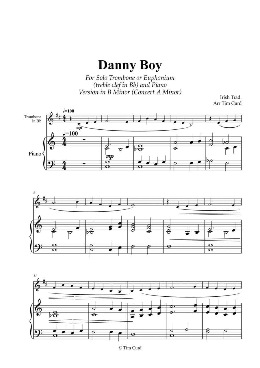 Danny Boy for Solo Trombone/Euphonium in Bb (treble clef) and Piano. Version in B Minor (Concert A) (arr. Tim Curd)