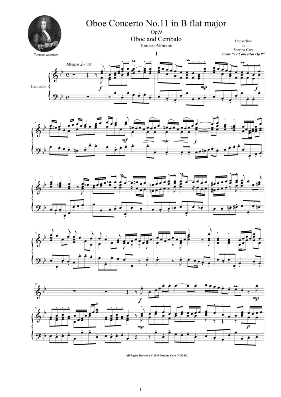 Albinoni - Oboe Concerto No.11 in B flat major Op.9 for Oboe and Cembalo or Piano (arr. Santino Cara)