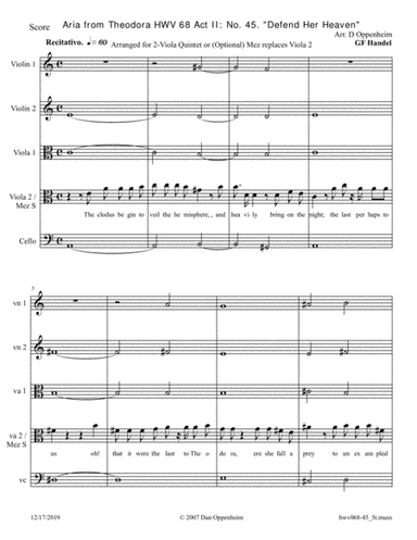 Handel: Aria from Theodora HWV 68 Act II (No. 45) "Defend Her Heaven". Arranged for 2-Viola Quintet (arr. Oppenheim D)