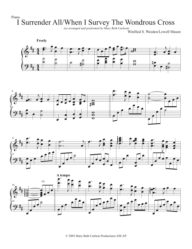 I Surrender All/When I Survey the Wondrous Cross (arr. Mary Beth Carlson)