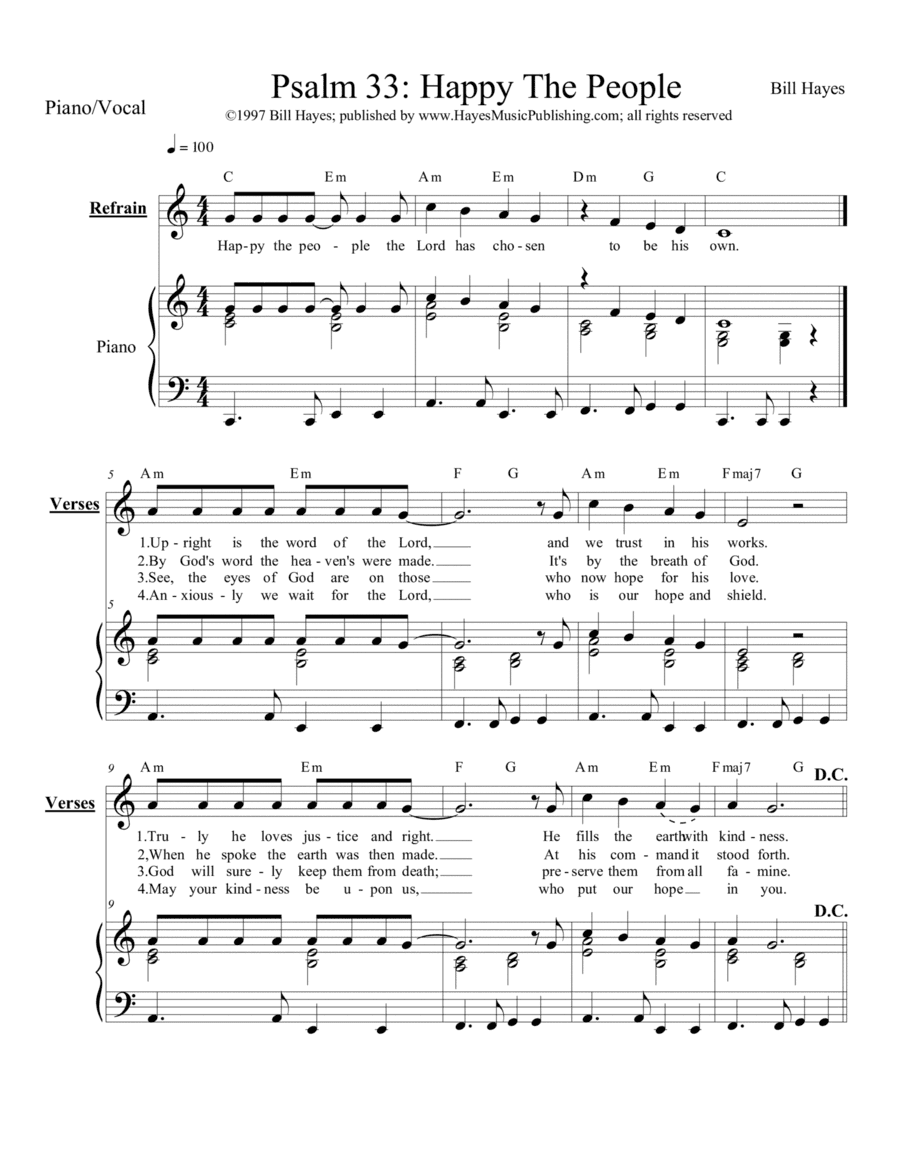 Psalm 33:  Happy The People (Piano/Vocal with adapted lyrics)
