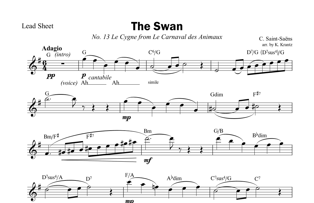 The Swan / Le cygne (G Major) lead sheet (arr. K. Krantz)