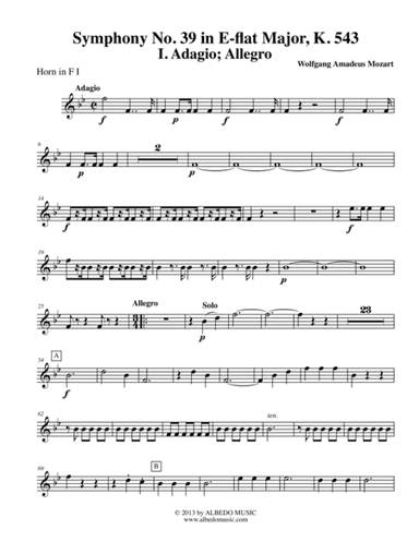 Mozart Symphony No. 39, Movement I - Horn in F 1 (Transposed Part), K. 543 (arr. Doug Clyde)