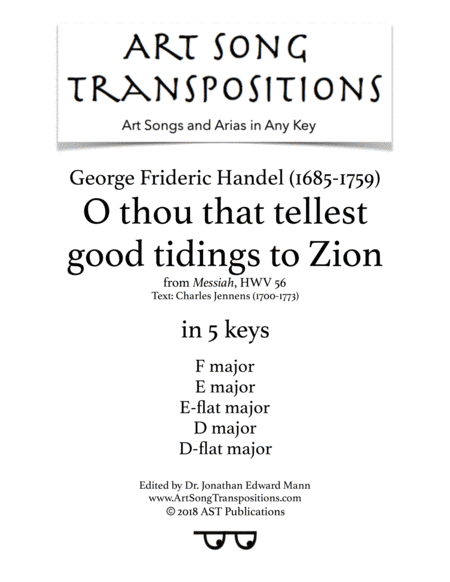 HANDEL: O thou that tellest good tidings to Zion (in 5 keys: F, E, E-flat, D, D-flat major) (arr. ArtSongTranspositions.com)