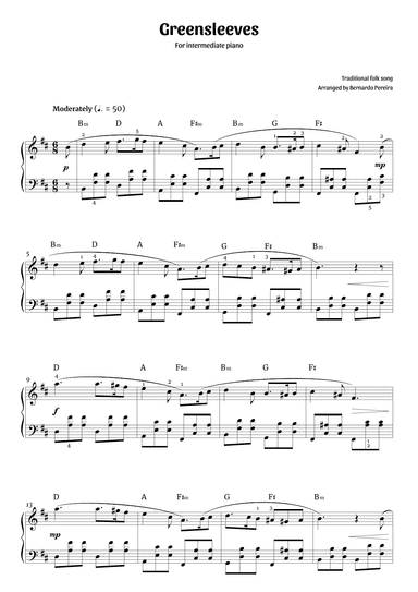 Greensleeves (intermediate piano – B minor) (arr. Bernardo Pereira)