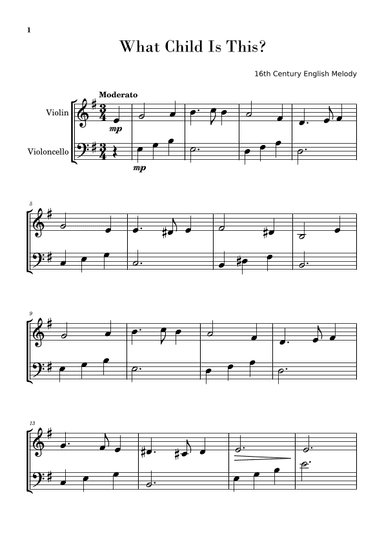 What Child Is This? (Greensleeves) for Easy Violin and Cello Duo (arr. Gisele Sant'Ana)